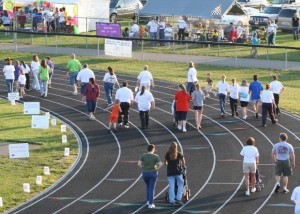 People walking around a sports track
